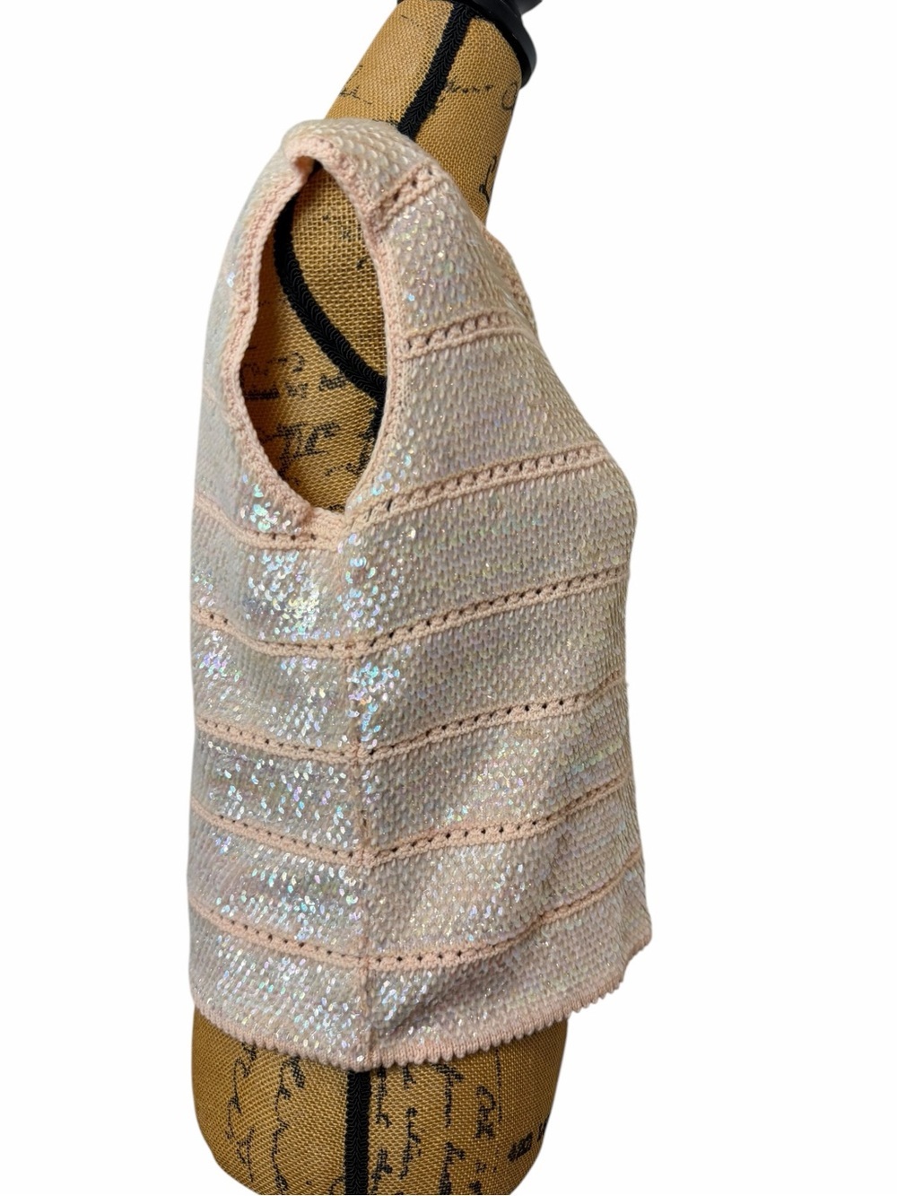 Authentic Vintage 60s 70s Iridescent Sequin Knit Cap Sleeve Top - Picture 3 of 5